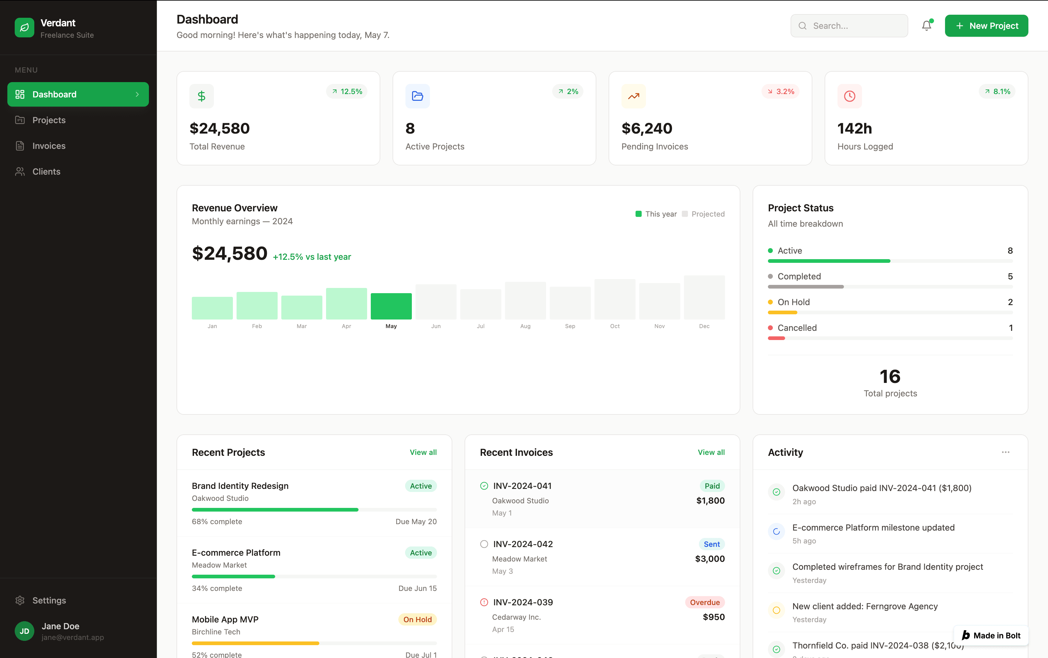 Bolt output: freelancer SaaS dashboard with nature-green palette