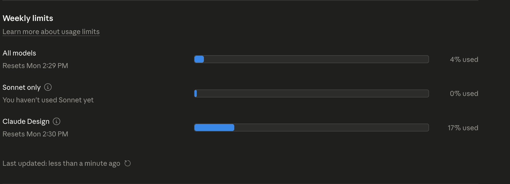 Screenshot of Anthropic's usage meter showing approximately 20% of the weekly Claude Design allowance consumed after a single generation