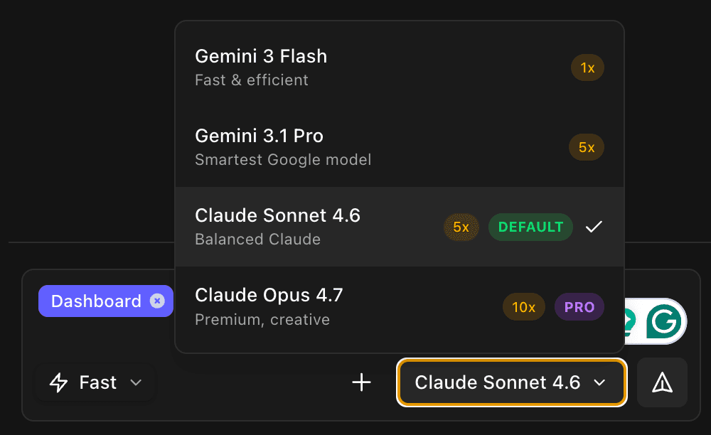 dMaya model picker showing Claude and Gemini model options in the sidebar