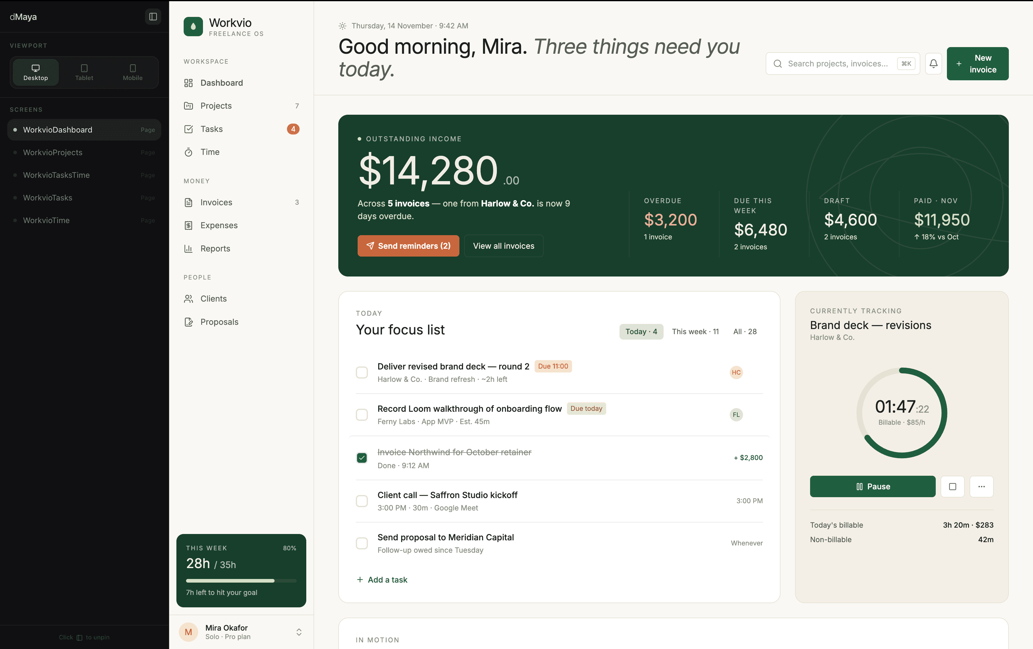 dMaya output: multi-screen freelancer SaaS