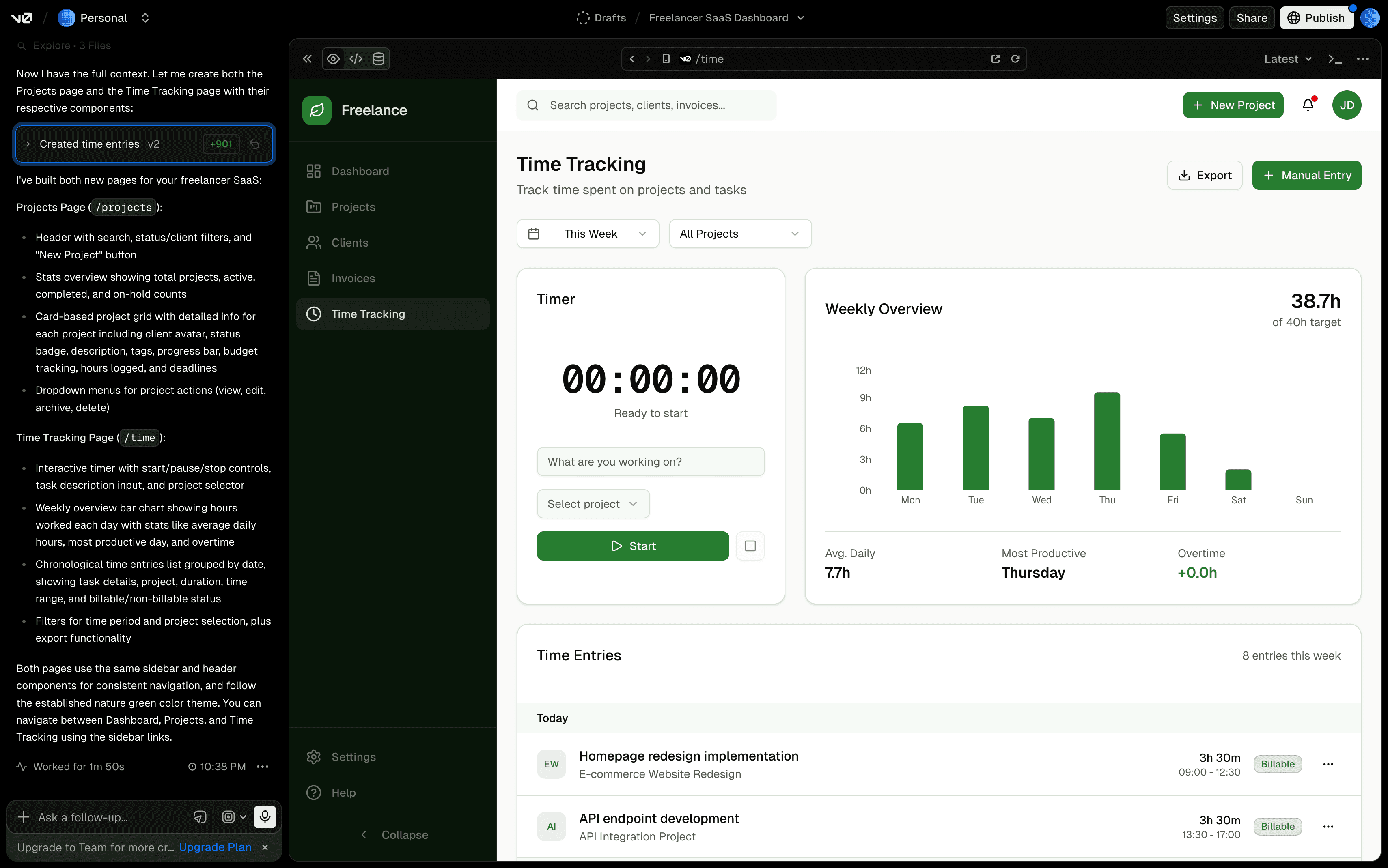 Vercel v0 output: freelancer SaaS dashboard