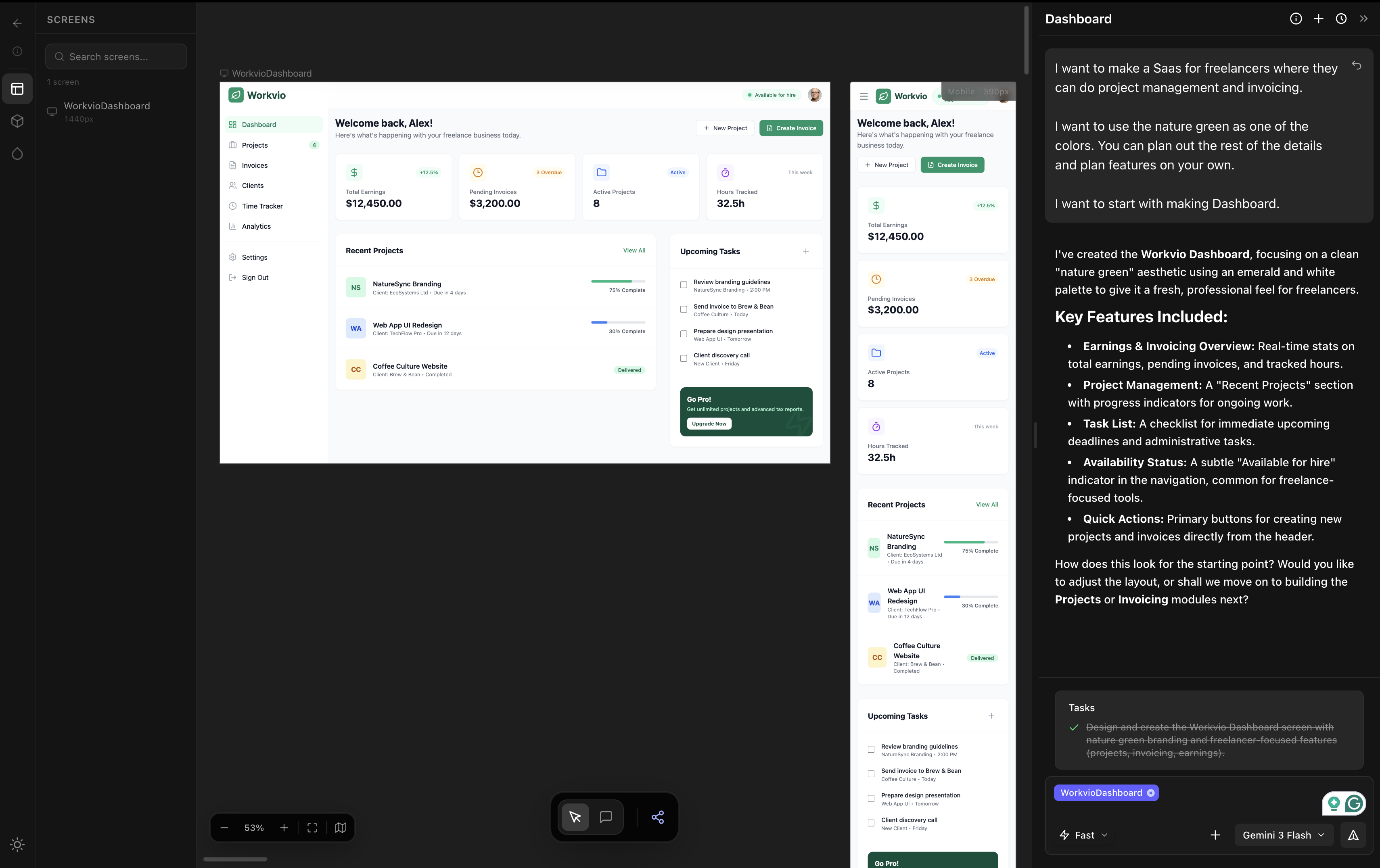 dMaya canvas showing multi-screen design generation before code is written