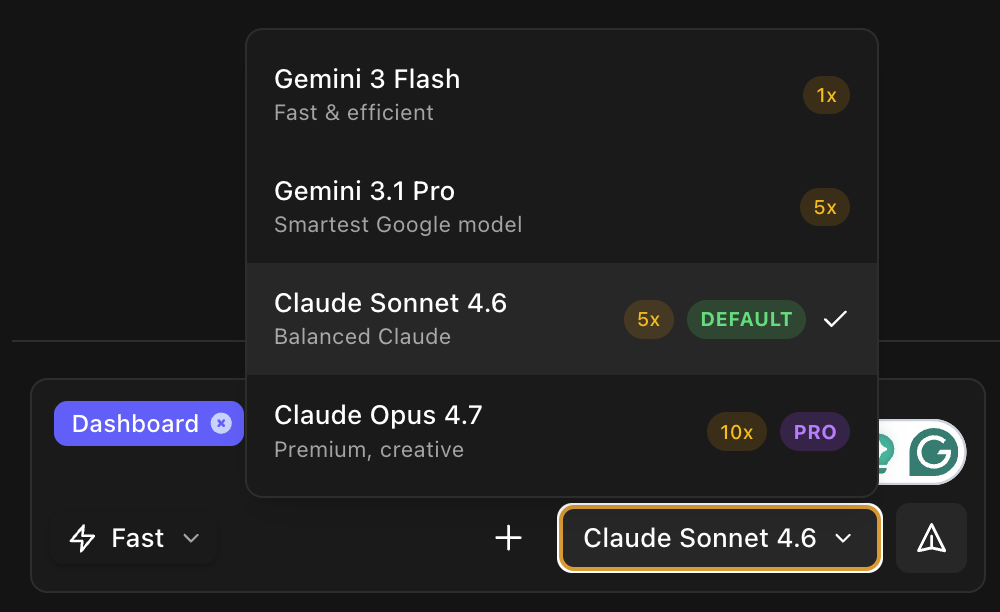 dMaya per-generation model picker: Opus, Sonnet, Gemini Flash